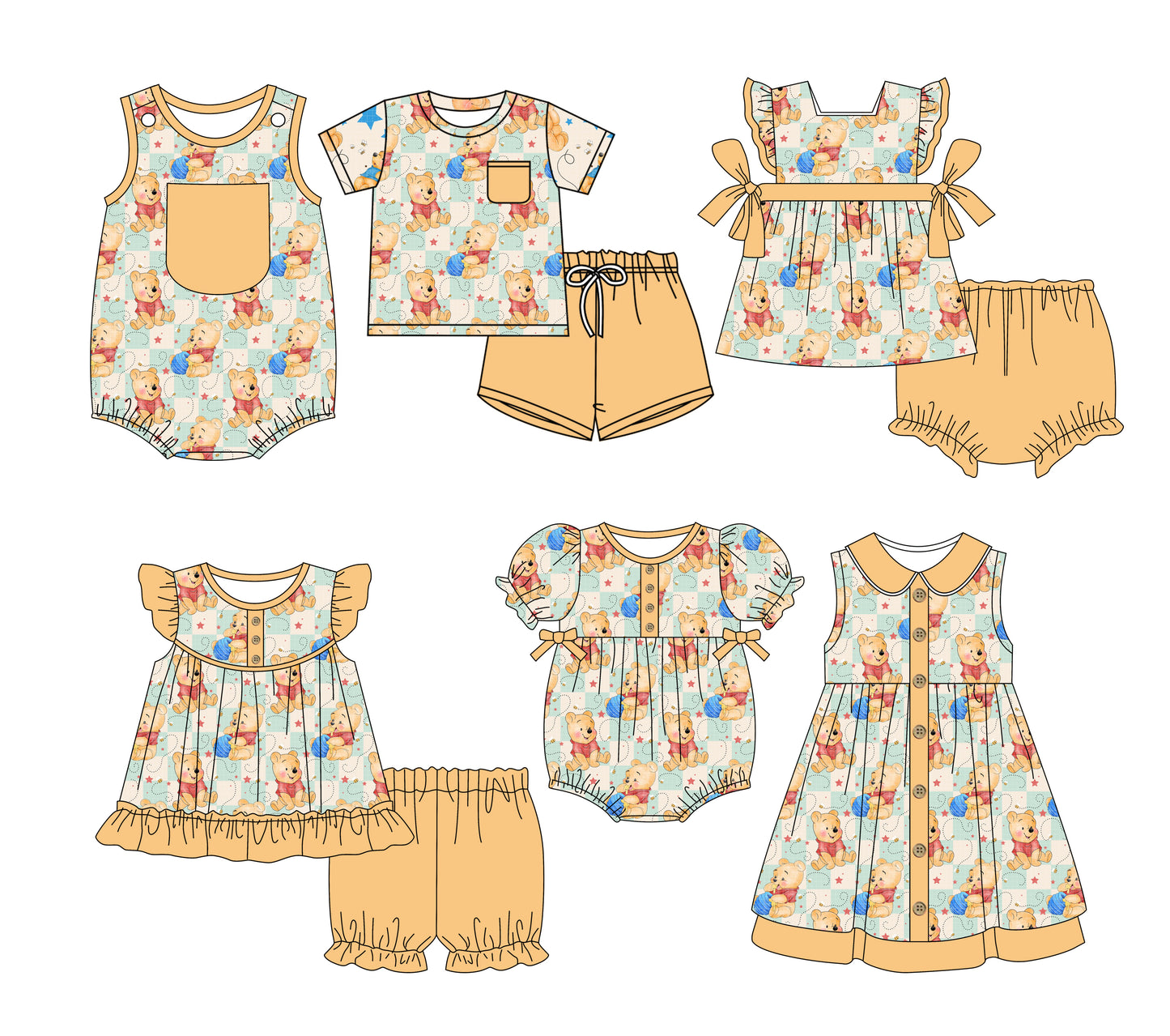 3.3(Custom Design Preorder MOQ 5 Each Design) Cartoon Bear Pooh Plaid Print Kids Summer Matching Clothes Sibling Wear