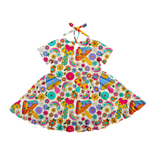 (Custom Design Preorder MOQ 5) Colorful Flowers Mushroom Print Girls Summer Knee Length Dress