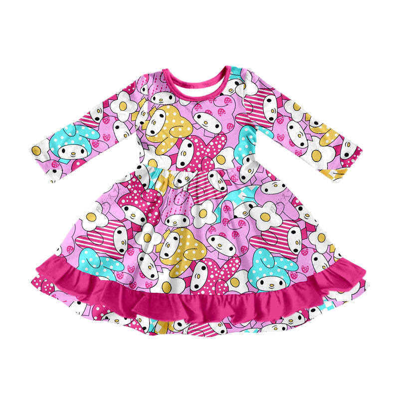 (Custom Design Preorder MOQ 5) Cartoon Animals Hotpink Print Ruffle Girls Knee Length Dress