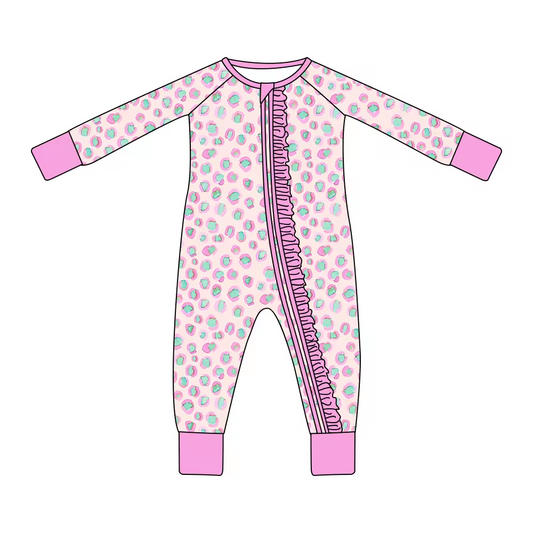 (Custom Design Preorder MOQ 5) Pink Leopard Print Baby Girls Fall Sleeper Zipper Romper