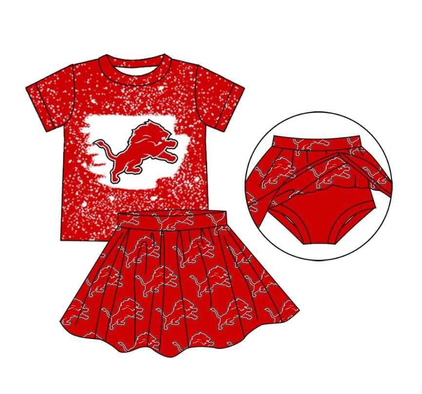 (Custom Design Preorder MOQ 5) Team's Red Lion Print Skirts With Shorts Girls Clothes Sets