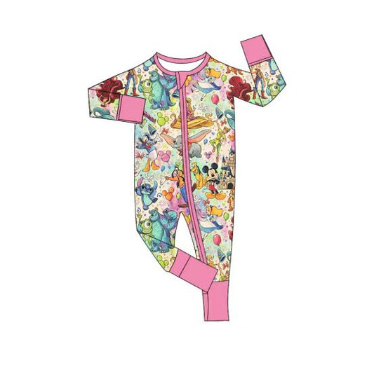 (Custom Design Preorder MOQ 5) Cartoon Character Print Baby Girls Sleeper Zipper Romper