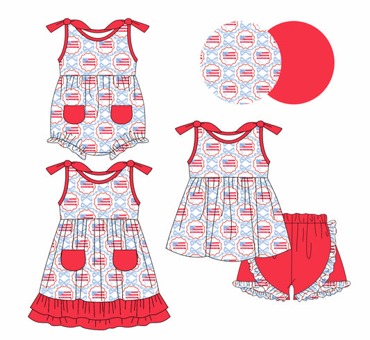1.6(Custom Design Preorder MOQ 5 Each Design) Flag Bows Print Girls 4th of July Matching Clothes Sisters Wear