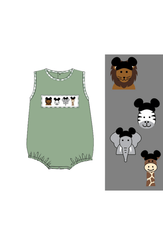 (Custom Design Preorder MOQ 5) Animals Green Print Baby Boys Summer Romper