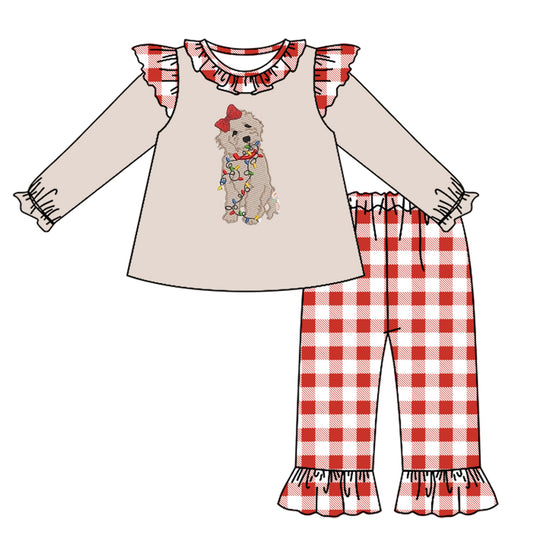 (Custom Design Preorder MOQ 5) Dog Light Top Plaid Pants Girls Christmas Clothes Set