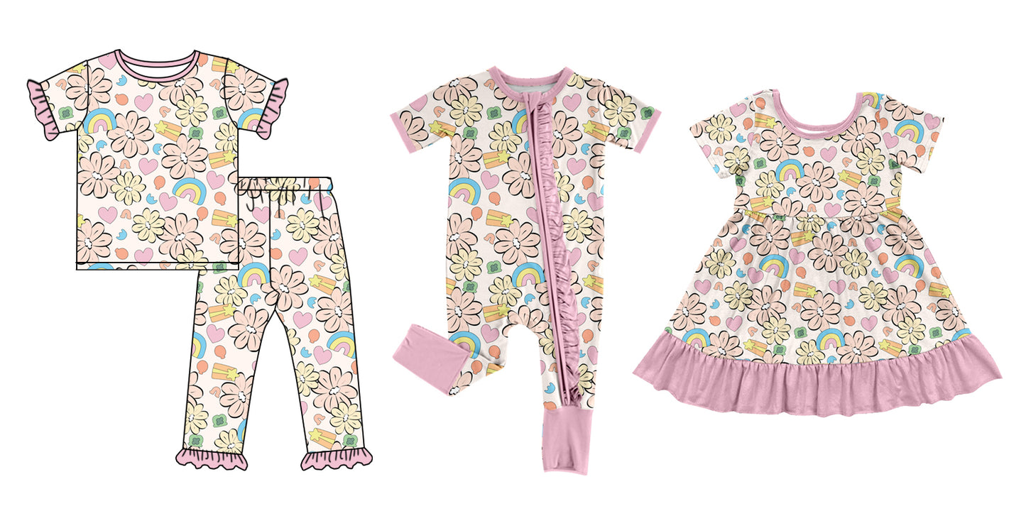 12.9(Custom Design Preorder MOQ 5 Each Design) Rainbow Flowers Leaf Print Girls St. Patrick's Day Matching Clothes Sisters Wear