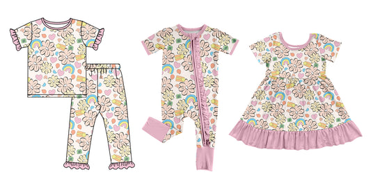 12.9(Custom Design Preorder MOQ 5 Each Design) Rainbow Flowers Leaf Print Girls St. Patrick's Day Matching Clothes Sisters Wear