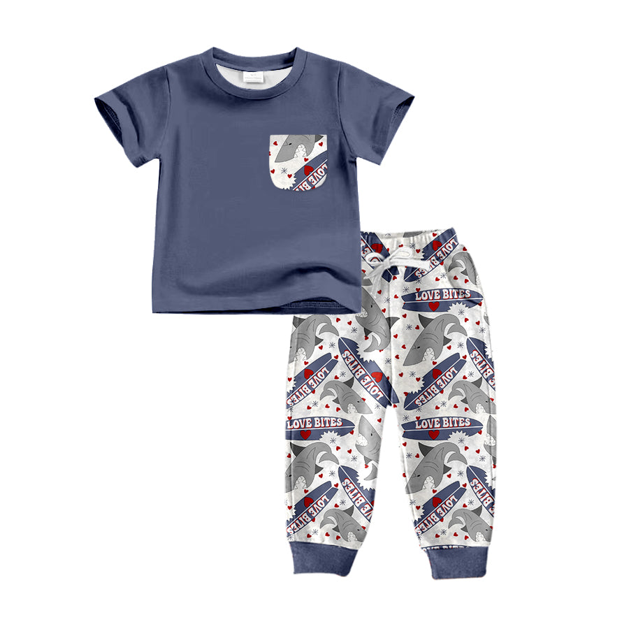 (Custom Design Preorder MOQ 5) Love Bites Shark Print Boys Valentine's Clothes Set