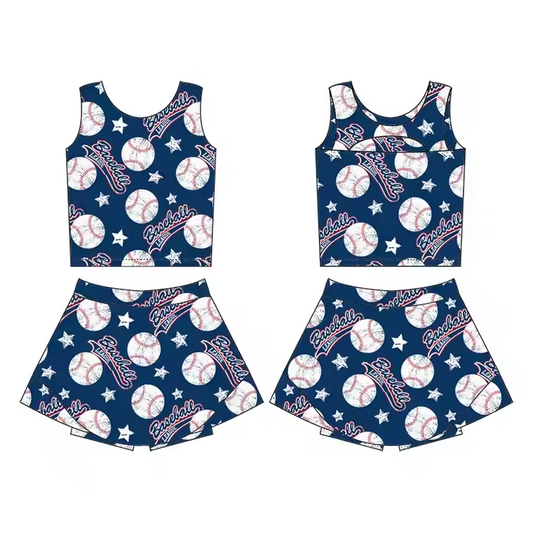 (Custom Design Preorder MOQ 5) Team's Baseball Navy Print Shorts Skirts Girls Summer Yoga Clothes Set