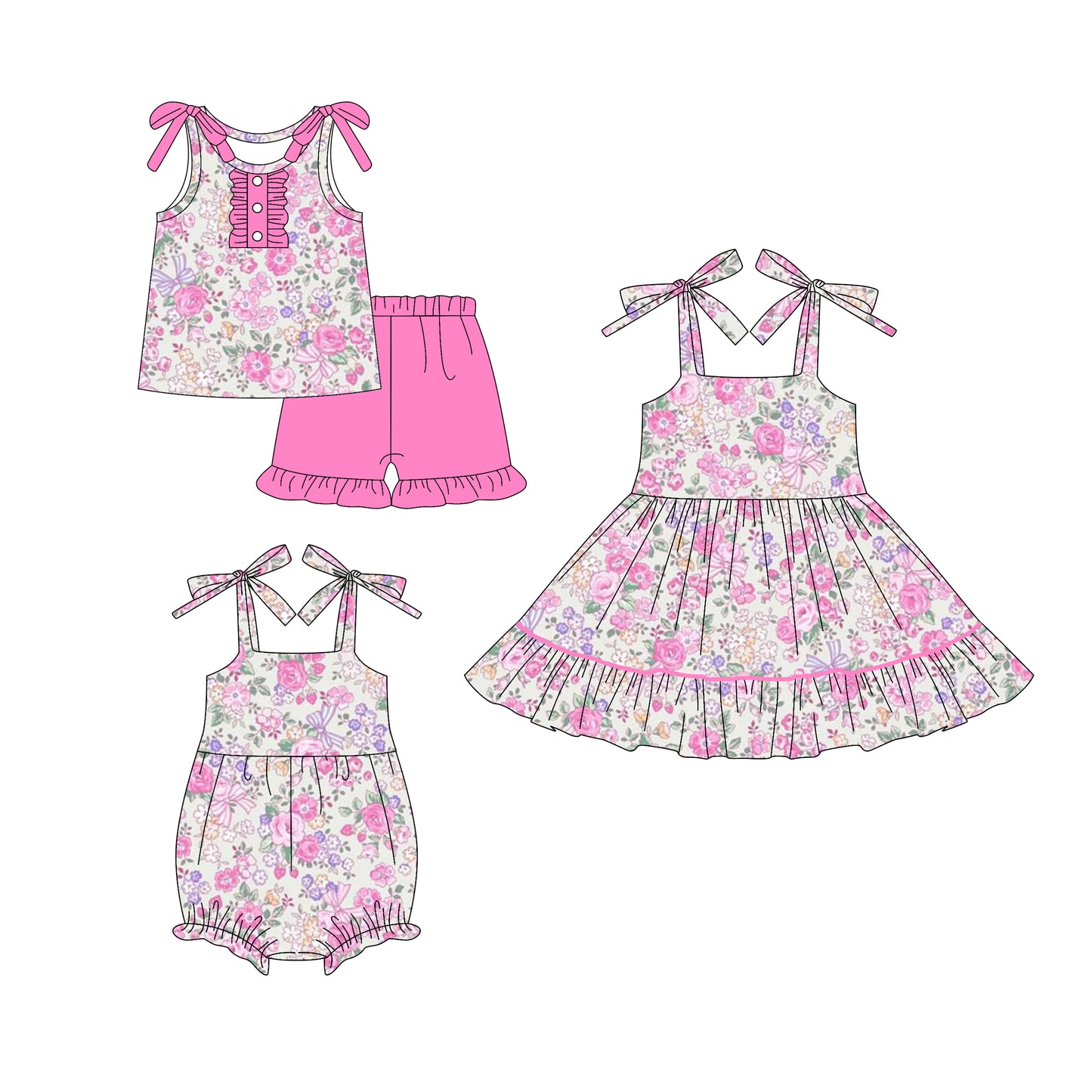 5.24(Custom Design Preorder MOQ 5 Each Design) Pink Flowers Bows Print Girls Summer Matching Clothes Sisters Wear
