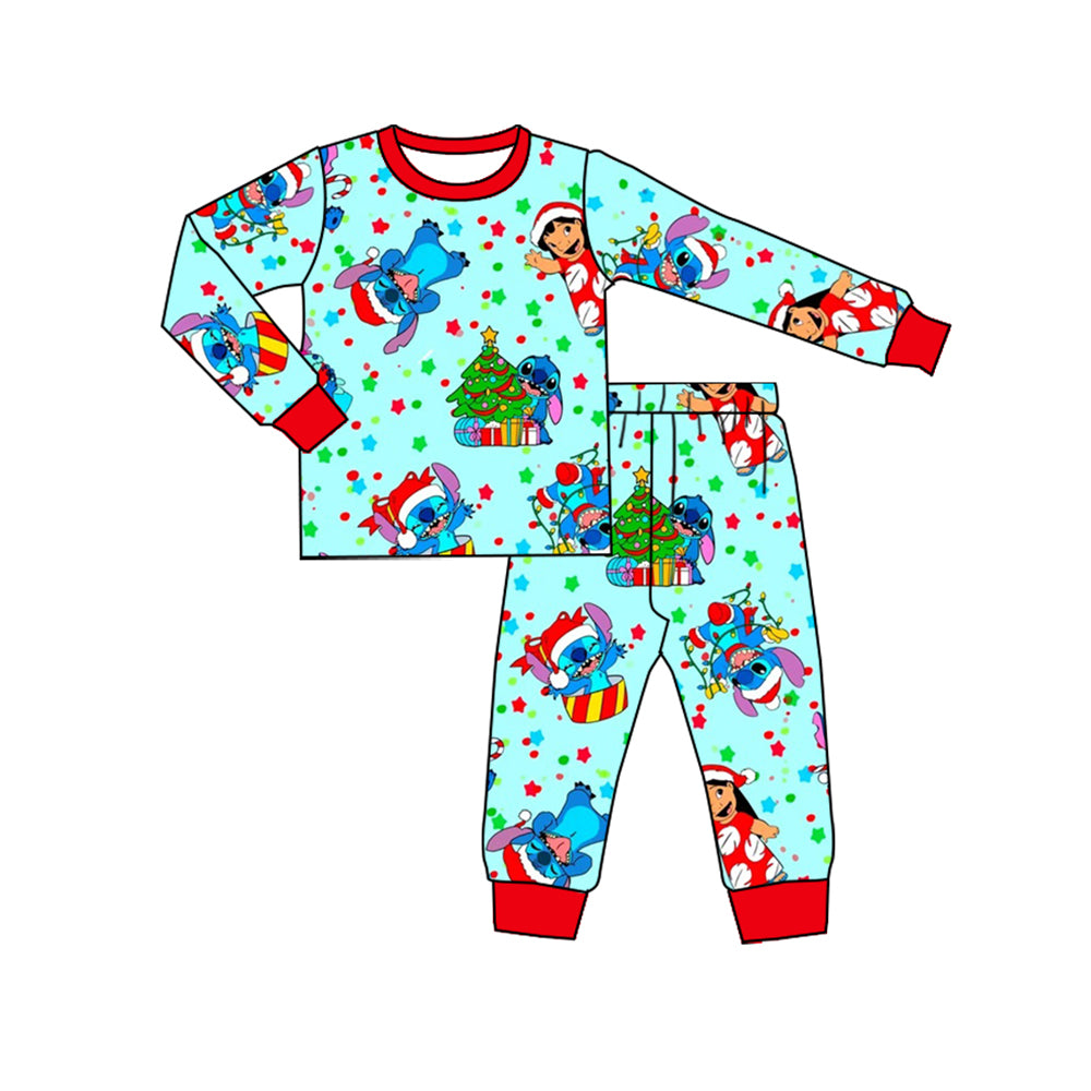 (Custom Design Preorder MOQ 5)  Cartoon Blue Animals Print Boys Christmas Bamboo Pajamas Clothes Set