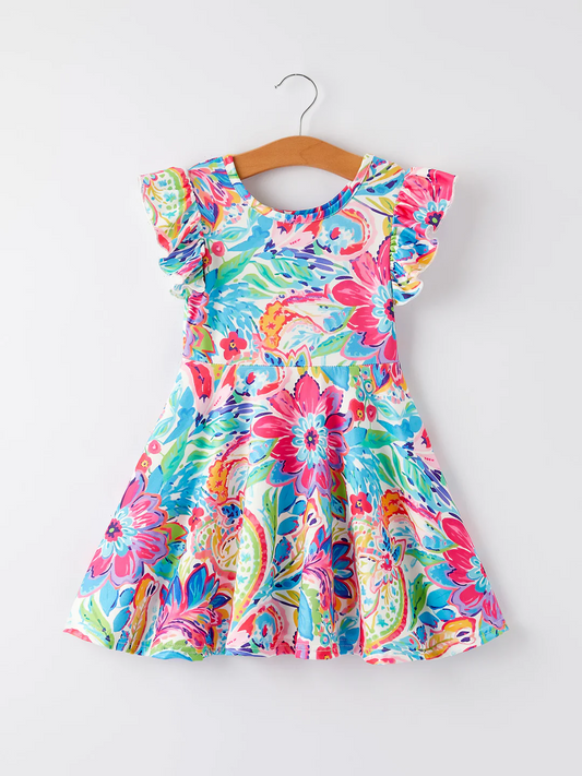 (Custom Design Preorder MOQ 5) Colorful Flowers Print Girls Summer Knee Length Dress