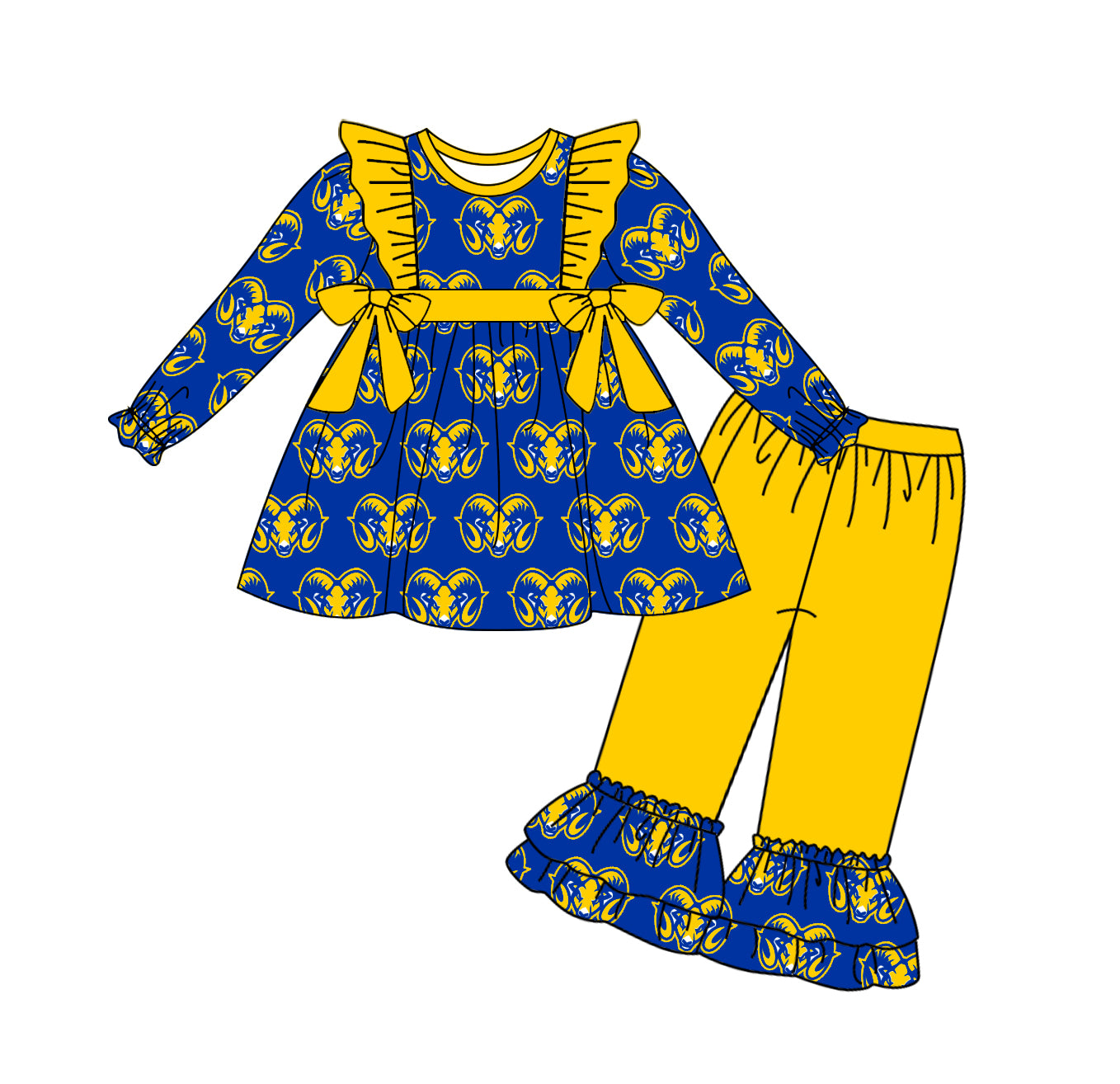 (Custom Design Preorder MOQ 5) Team's Blue Goat Tunic Top Ruffle Pants Girls Fall Clothes Set