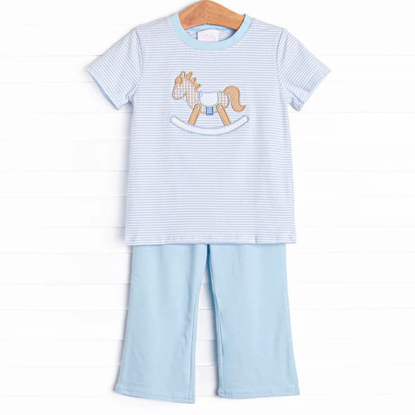 (Custom Design Preorder MOQ 5) Trojan Horse Blue Stripes Top Pants Boys Fall Clothes Set