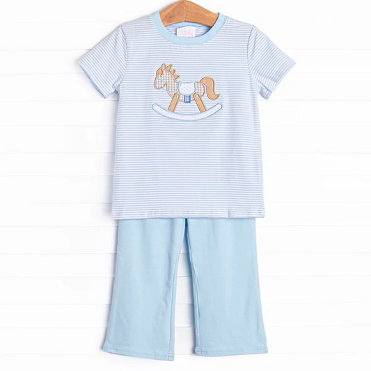 (Custom Design Preorder MOQ 5) Trojan Horse Blue Stripes Top Pants Boys Fall Clothes Set