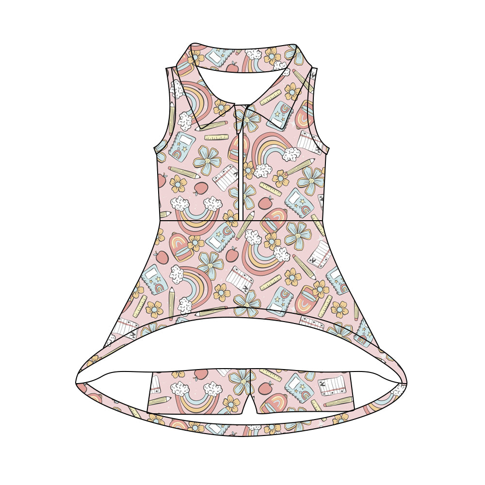 3.10(Custom Design Preorder MOQ 5) Pen Flowers Rainbow Print Girls Back to School Knee Length Shorts Dress