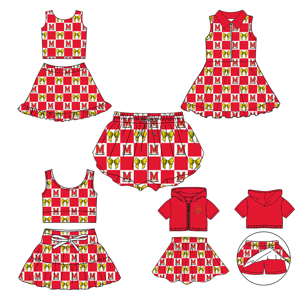 (Custom Design Preorder MOQ 5 Each Color) Team's Maryland Terrapins Bows Plaid Print Girls Summer Clothes Sisters Matching Wear