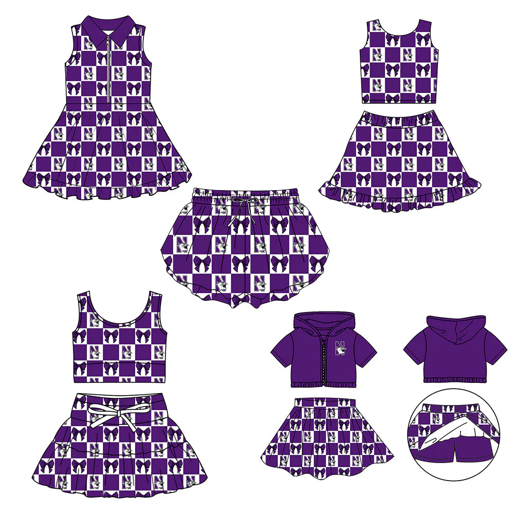 (Custom Design Preorder MOQ 5 Each Color) Team's Northwestern Wildcats Bows Plaid Print Girls Summer Clothes Sisters Matching Wear