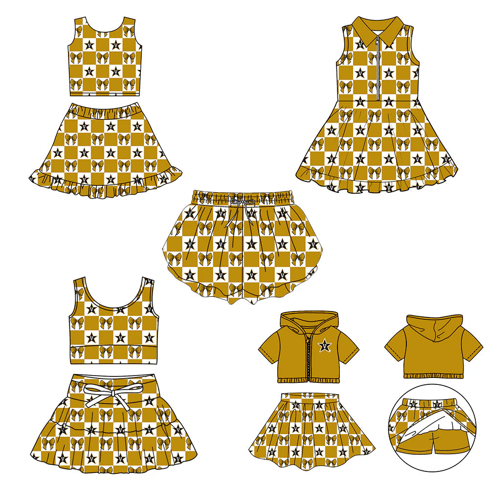 (Custom Design Preorder MOQ 5 Each Color) Team's Vanderbilt Bows Plaid Print Girls Summer Clothes Sisters Matching Wear