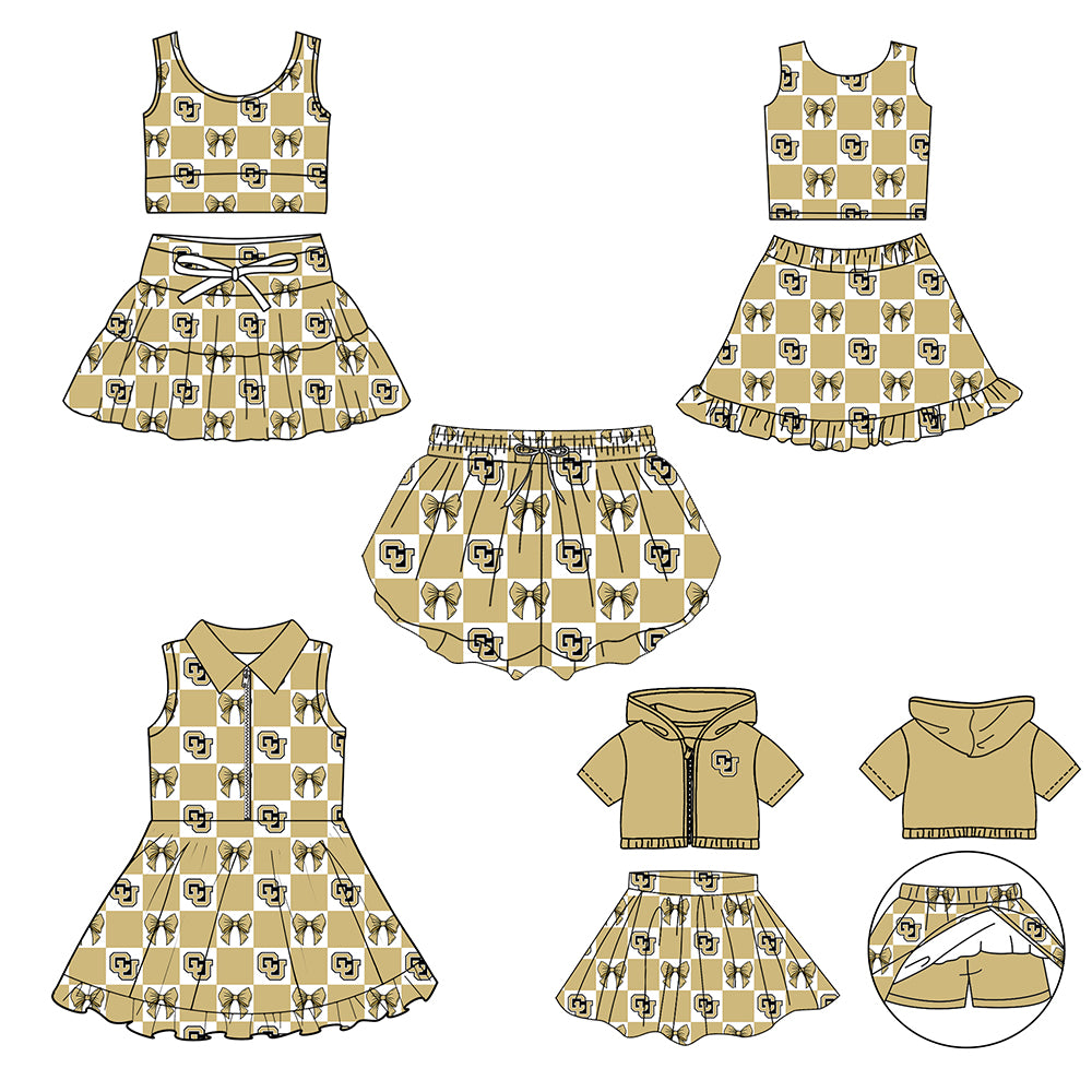 (Custom Design Preorder MOQ 5 Each Color) Team's Colorado Bufaloes Bows Plaid Print Girls Summer Clothes Sisters Matching Wear