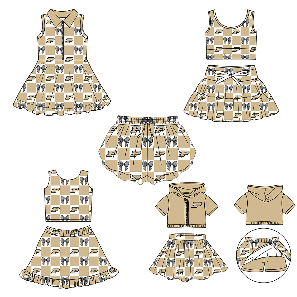(Custom Design Preorder MOQ 5 Each Color) Team's Purdue Boilermaker Bows Plaid Print Girls Summer Clothes Sisters Matching Wear