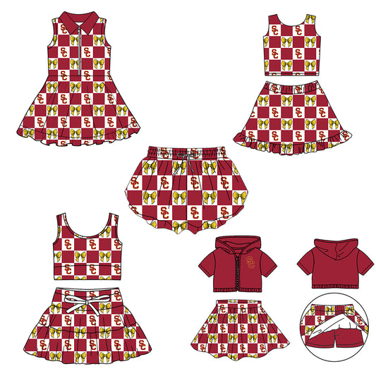 (Custom Design Preorder MOQ 5 Each Color) Team's USC Trjans Bows Plaid Print Girls Summer Clothes Sisters Matching Wear