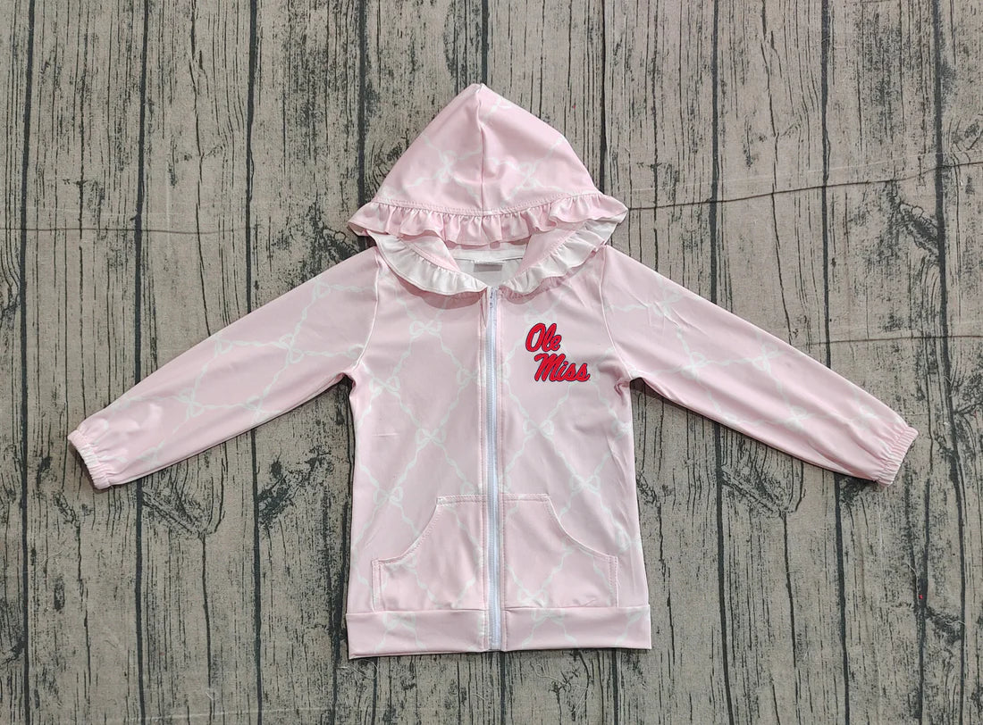 (Custom Design Preorder MOQ 5 Each Item) Team's Ole Miss Pink Bows Print Girls Fall Zipper Hoodie Jackets Top Mom and Me Matching Clothes