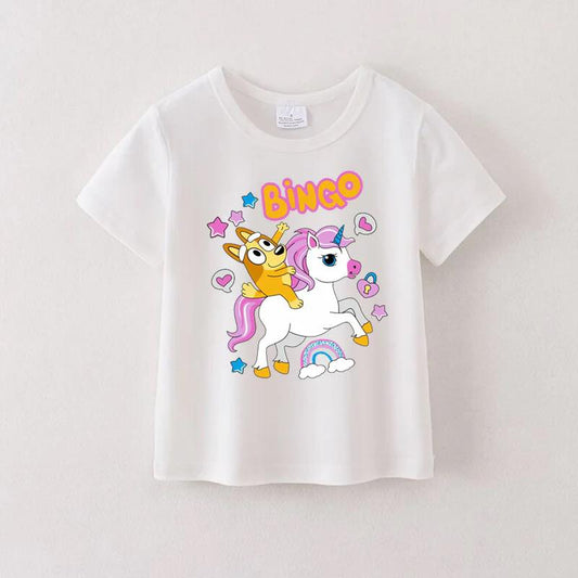 (Custom Design Preorder MOQ 5) Cartoon Dog Unicorn Print Girls Summer Tee Shirts Top