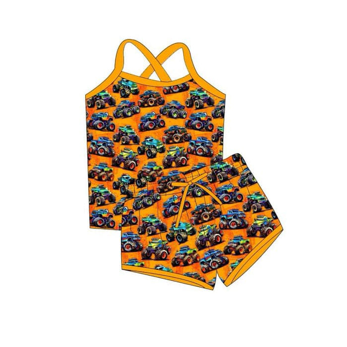 (Custom Design Preorder MOQ 5) Monster Truck Print Girls Summer Clothes Set