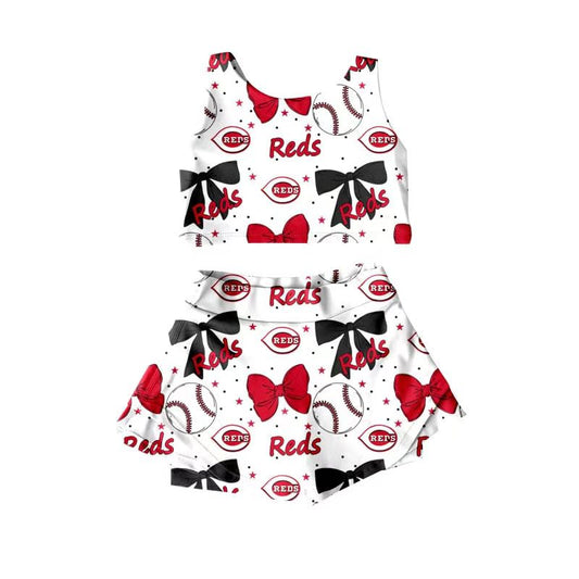 (Custom Design Preorder MOQ 5) Team's REDS Baseball Bows Print Shorts Skirts Girls Summer Yoga Clothes Set