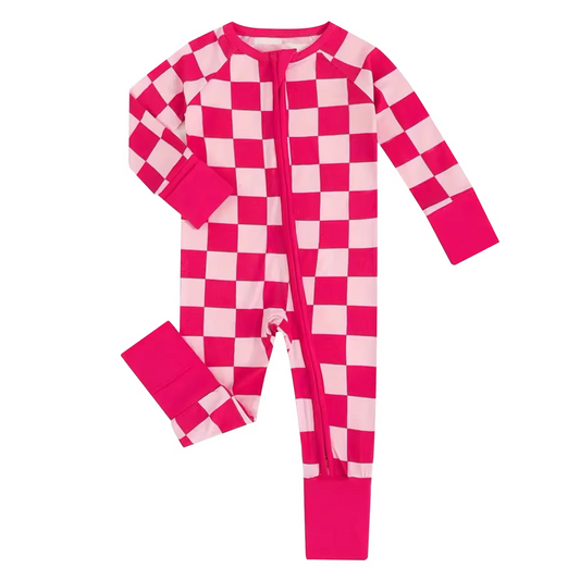 (Custom Design Preorder MOQ 5) Hotpink Plaid Print Baby Girls Fall Sleeper Zipper Romper