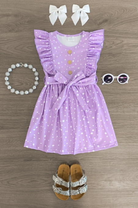 (Custom Design Preorder MOQ 5) Purple Polka Dot Print Girls Knee Length Summer Dress