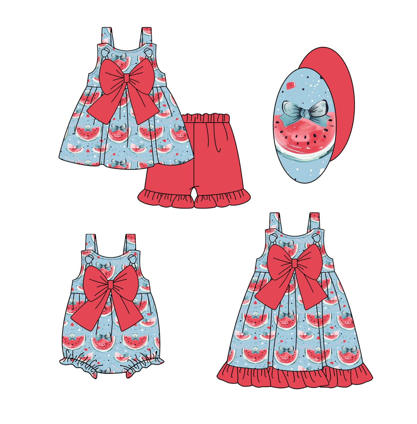 2.7(Custom Design Preorder MOQ 5 Each Design) Watermelon Bows Print Girls Summer Matching Clothes Sisters Wear