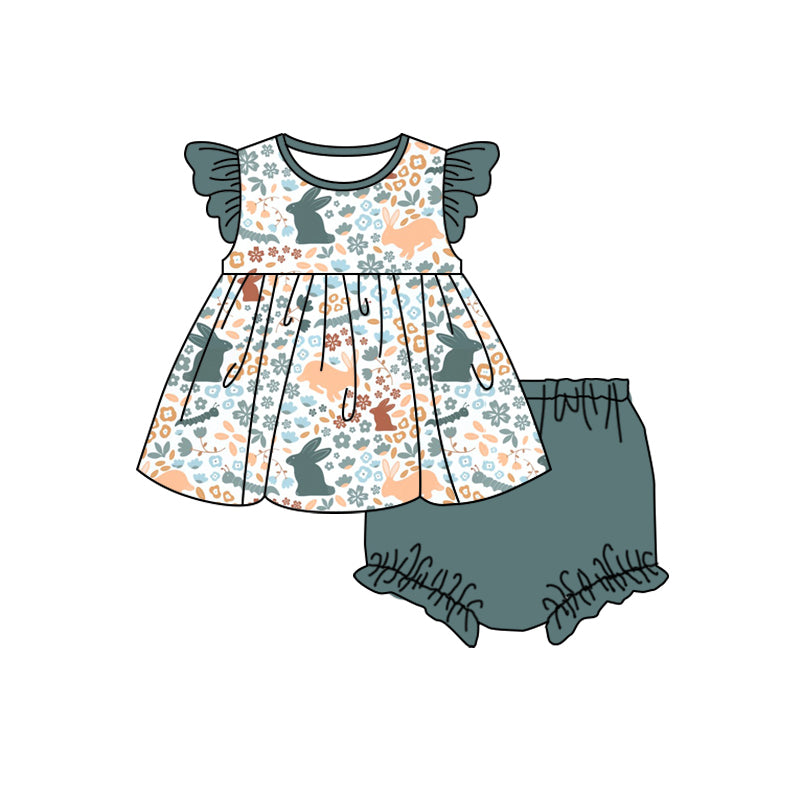 (Custom Design Preorder MOQ 5) Bunny Flowers Print Baby Girls Easter Bummie Set