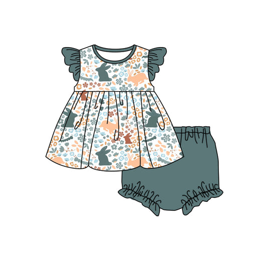 (Custom Design Preorder MOQ 5) Bunny Flowers Print Baby Girls Easter Bummie Set