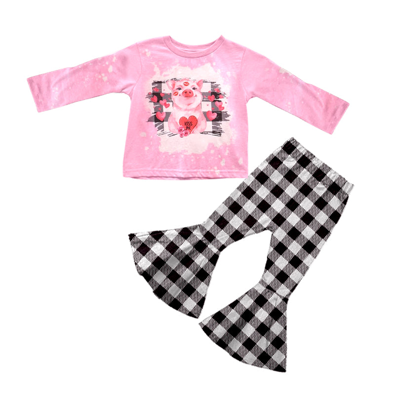 (Custom Design MOQ 5) Kidss Me Heart Cute Pig Girls Valentine's Clothes Set