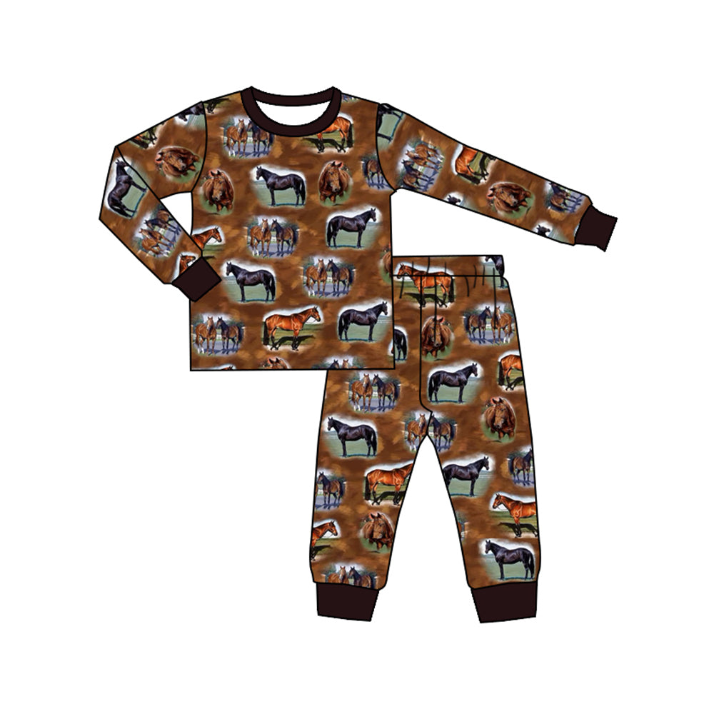 (Custom Design Preorder MOQ 5) Horse Brown Print Boys Fall Bamboo Pajamas Clothes Set