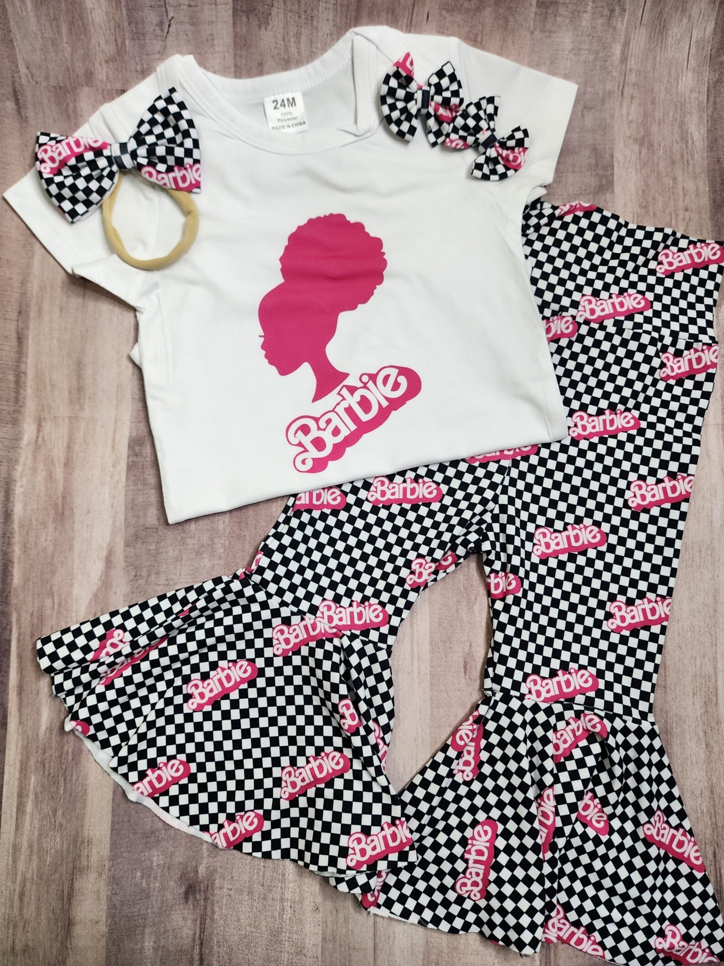(Custom Design Preorder MOQ 5) Pink BA Black Plaid Print White Top Girls Clothes Set