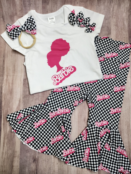 (Custom Design Preorder MOQ 5) Pink BA Black Plaid Print White Top Girls Clothes Set
