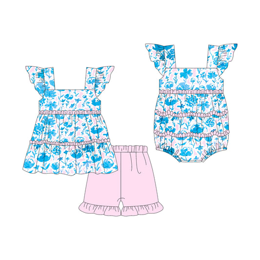 3.7(Custom Design Preorder MOQ 5 Each Design) Blue Flowers Print Girls Summer Matching Clothes Sisters Wear