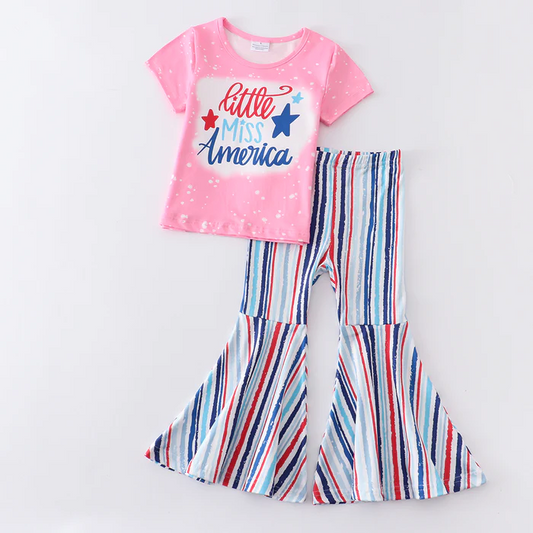(Custom Design Preorder MOQ 5) Little Miss Top Stripes Bell Pants Girls 4th of July Clothes Set