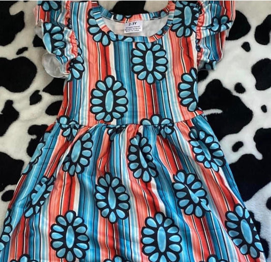 (Custom Design MOQ 5)  Flutter sleeves turquoise baby girls knee length dress