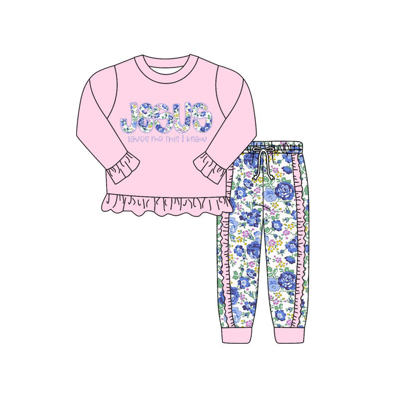 (Custom Design Preorder MOQ 5) Jesus Pink Top Flowers Pants Girls Fall Clothes Set