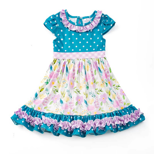 (Custom Design Preorder MOQ 5) Flowers Print Girls Knee Length Summer Dress