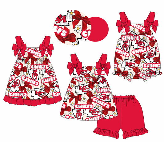 2.24(Custom Design Preorder MOQ 5 Each Design)  Team's Chiefs KC Flowers Print Girls Summer Matching Clothes Sisters Wear