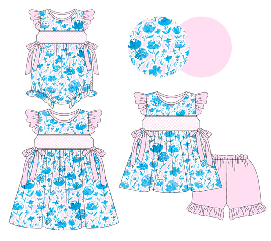 3.7(Custom Design Preorder MOQ 5 Each Design) Blue Flowers Print Girls Summer Matching Clothes Sisters Wear
