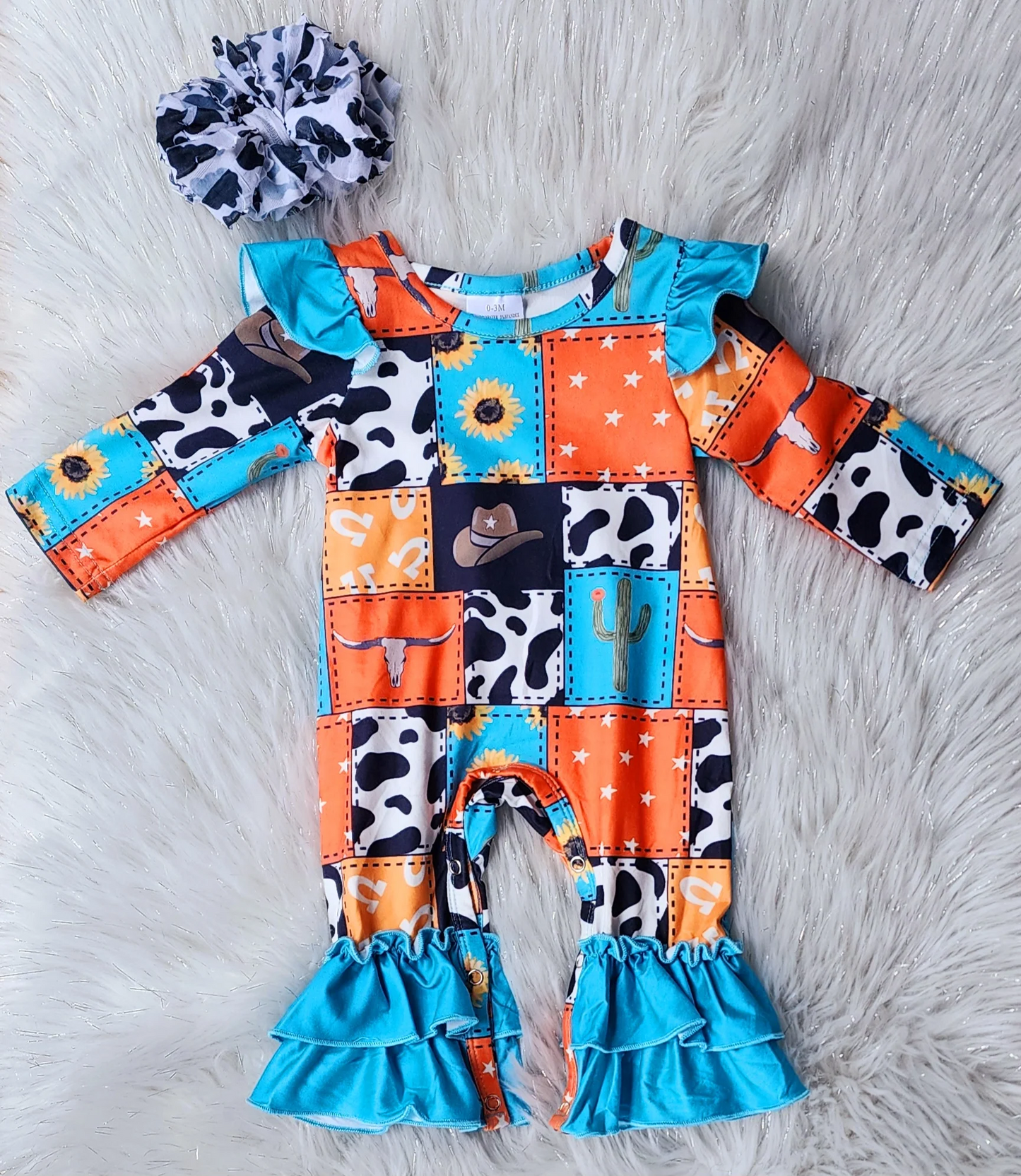 (Custom Design Preorder MOQ 5) Cow Skull Hat Sunflowers Print Baby Girls Fall Romper