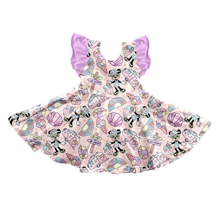 (Custom Design Preorder MOQ 5) Purple Camper Print Girls Knee Length Summer Dress