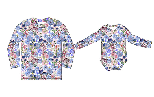 11.11(Custom Design Preorder MOQ 5 Each Design) Purple Flowers Print Adult Top Baby Romper Mom and Me Matching Clothes