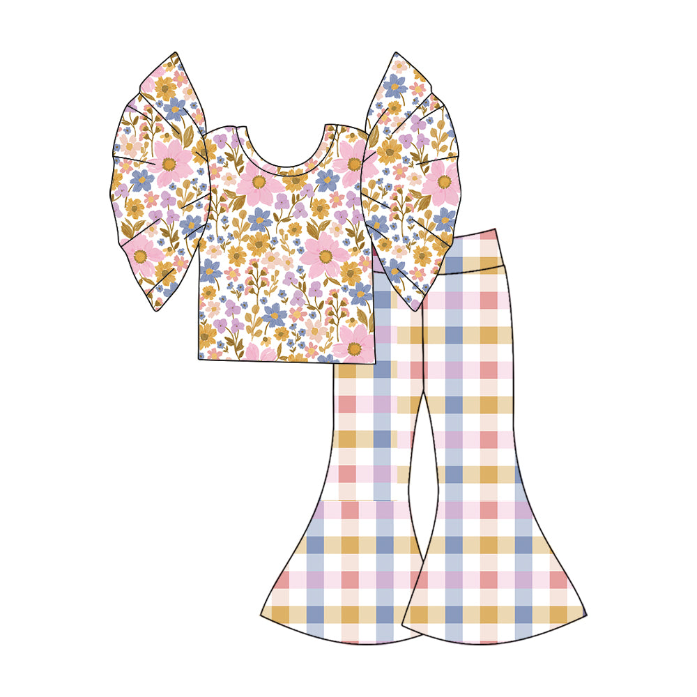 (Custom Design Preorder MOQ 5) Pink Flowers Top Plaid Bell Pants Girls Clothes Set